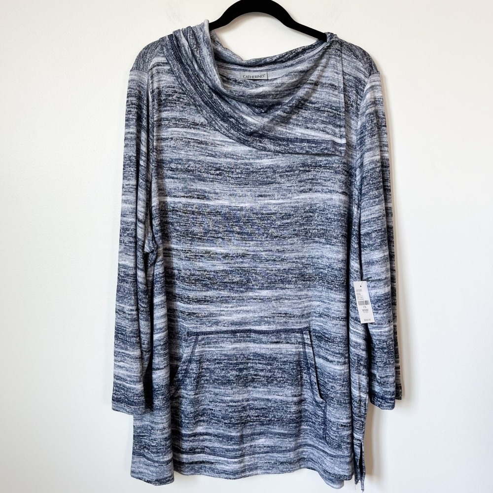 NWT Catherines Space Dye Knit Cowl Neck Pullover‎ Kangaroo Pocket Womens 1X Blue